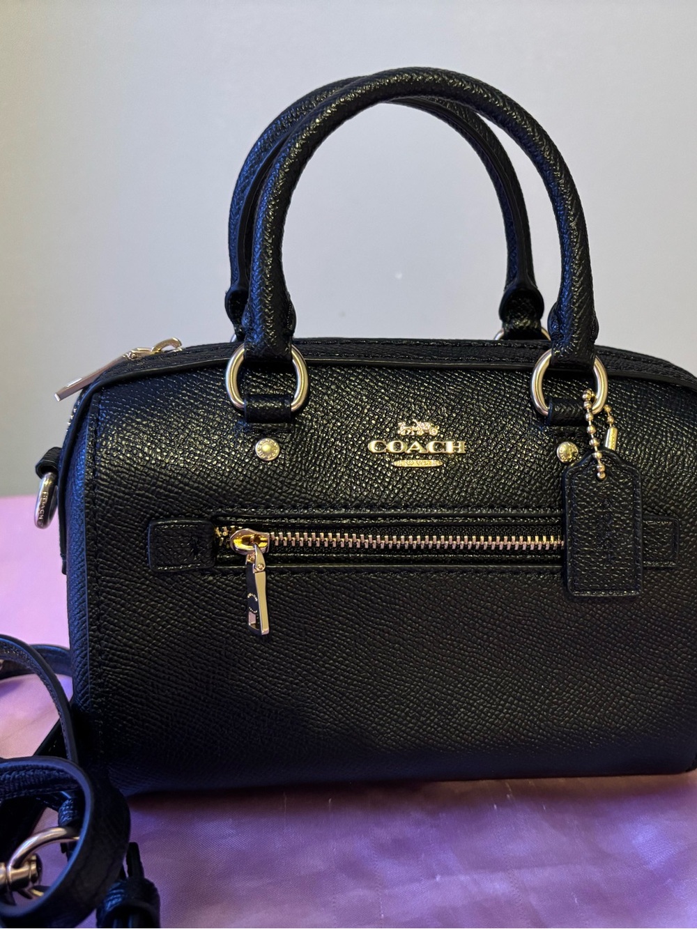 Coach Mini Rowan Crossbody Satchel Black Crossgrain Leather C9950